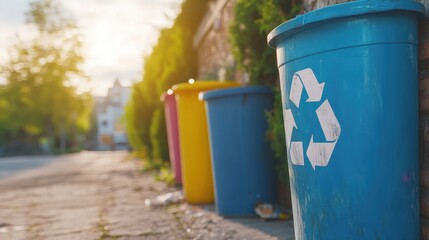 Urban Mural with Recycling Symbol on Colorful Bins