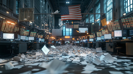 Chaotic trading floor with scattered papers and digital screens