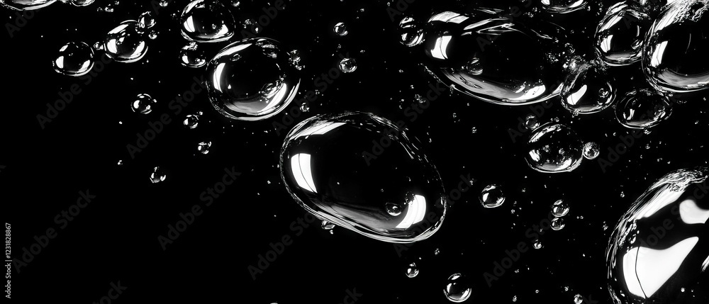 Poster bubbles with distorted reflections and abstract imagery on a black background