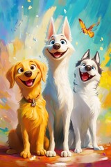 Happy dogs, spring background, friendship, children's book illustration