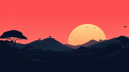 African Savanna Sunset Landscape With Animals