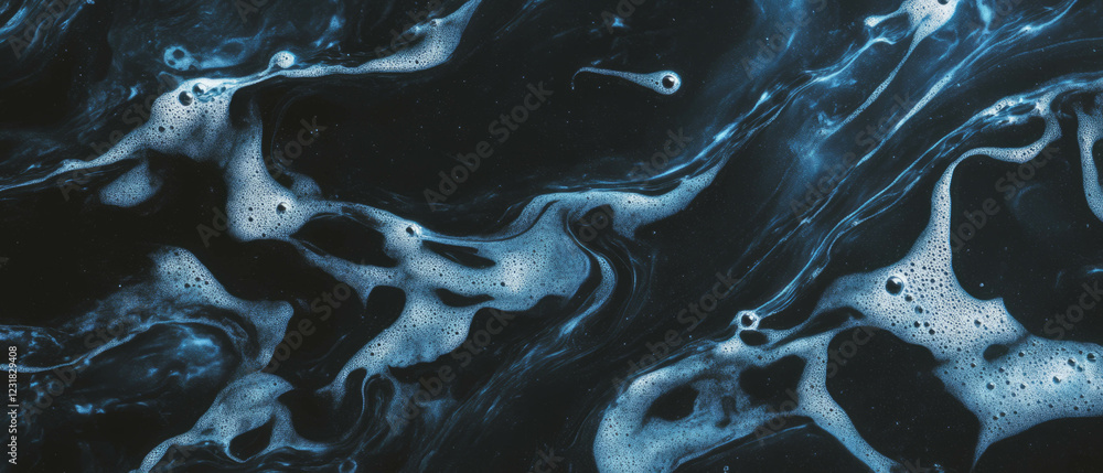 Poster bubbles with pearlescent sheen on a shimmering black background creating elegant texture
