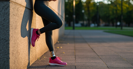 Woman, prosthetic leg and athletic outdoor for fitness, workout and sport activity. Female person, disability and running shoes for health, wellness and exercise
