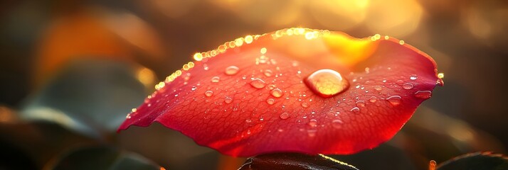 Dew drops on a bright red rose petal, glowing under warm sunlight.