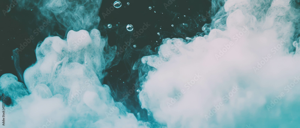Poster bubbles with smoke create a mysterious atmosphere in a surreal setting