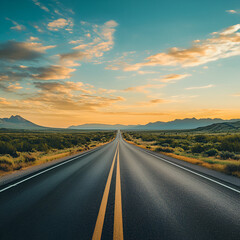 Naklejka premium Open Road to Adventure: An endless stretch of asphalt highway leads towards a stunning sunset, framed by rolling hills, offering a sense of freedom, journey, and endless possibilities.