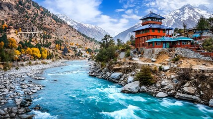 Mountain river village autumn landscape