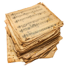 Naklejka premium A collection of old, yellowed sheet music pages with frayed edges and visible stains, evoking a sense of history and nostalgia. Keywords Копировать Редактировать 
