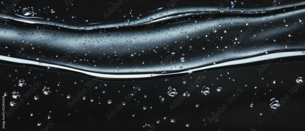 Poster bubbles gather on a dark surface, creating intricate water droplet patterns