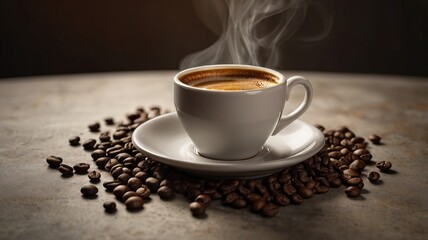 Fototapeta premium Rich Espresso with Thick Crema Steaming on White Table – Coffee Perfection