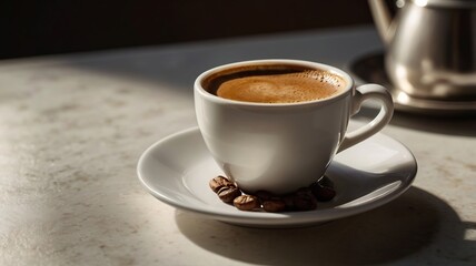 Rich Espresso with Thick Crema Steaming on White Table – Coffee Perfection