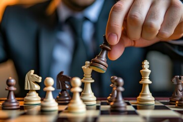 Businessman in suit capturing opponent's queen during chess game, demonstrating strategic thinking and decision making