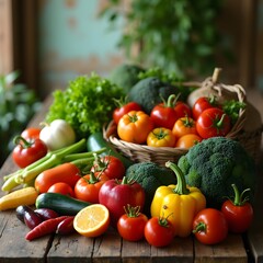 Harvest Abundance A Fresh Feast of Colorful Produce on a Rustic Table