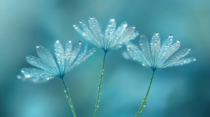 Fototapeta premium Trio of Delicate Blue Flowers Covered in Dewdrops, Close Up View, Macro Nature Photography