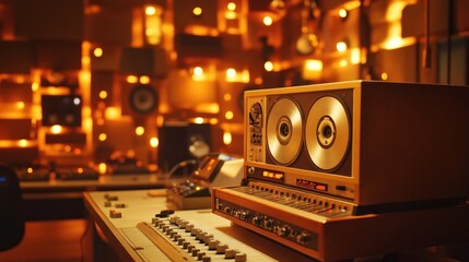 Vintage Recording Studio: Retro Reel-to-Reel Tape Machine in Warm-Lit Space