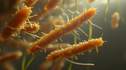 Fototapeta premium Microscopic bacteria, floating, dark background, science research