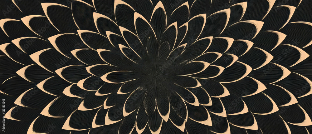 Poster Intricate concentric circular petal patterns with floral design on a black background