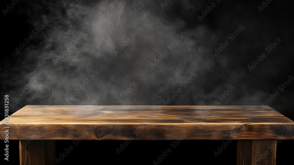 Poster wooden rustic table top on black background with smoke effect. realistic 3d vector illustration of f