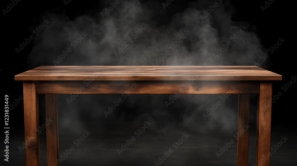 Poster wooden rustic table top on black background with smoke effect. realistic 3d vector illustration of f