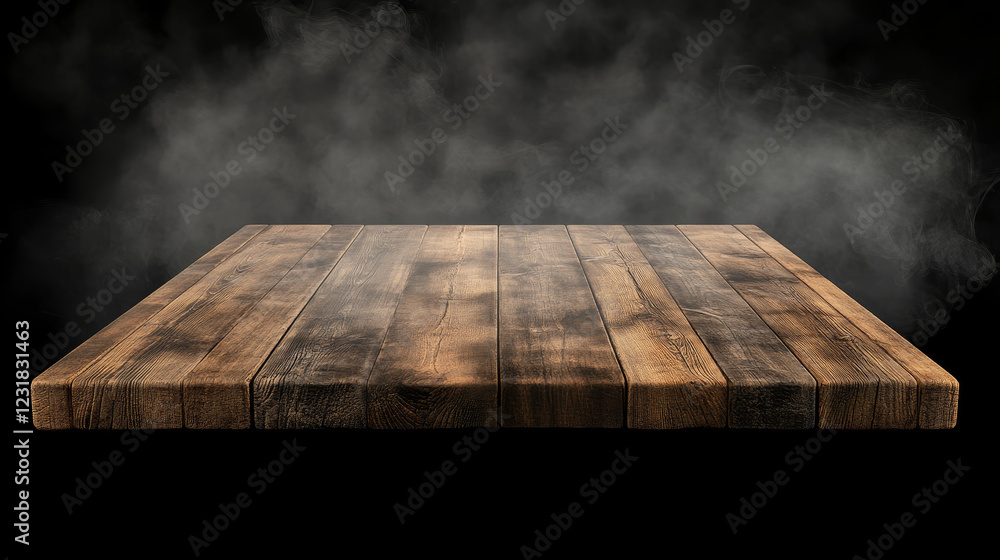 Poster wooden rustic table top on black background with smoke effect. realistic 3d vector illustration of f