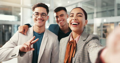 Laughing, peace sign and selfie of business people in office together for social media profile...