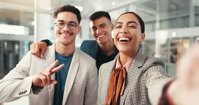 Laughing, peace sign and selfie of business people in office together for social media profile picture. Corporate, funny and portrait of happy employee friends at work for memory or photograph