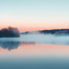 Fototapeta premium Serene Mist over the Lake: A tranquil scene of a lake enveloped in a soft, ethereal mist, reflecting the pastel hues of the sky above, creating a sense of peace and calm.
