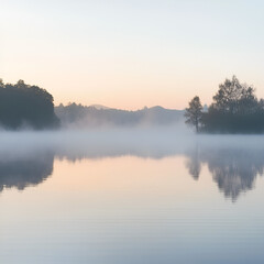 Fototapeta premium Misty Morning Lake Reflection: Serene landscape, tranquil lake reflects soft hues of sunrise, creating a dreamy, ethereal ambiance. 