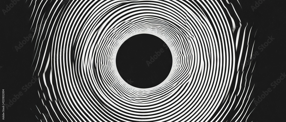 Poster concentric light circles radiating from a central void on a dark backdrop