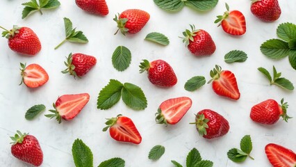 Top View of Strawberries and Mint Leaves Arranged in a Grid Pattern on a White Background