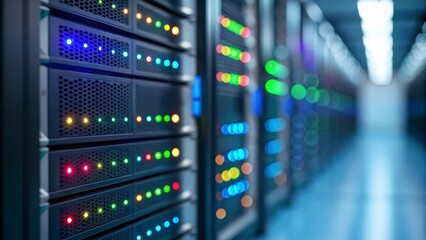 Detailed View of Colorful Server Rack with Blinking Lights in Data Center Environment