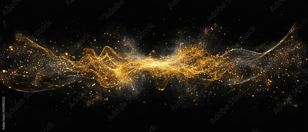 Poster confetti burst with golden particles creating a dynamic explosion on a black background