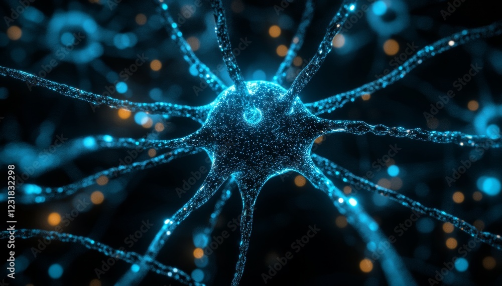 Poster 3d rendered neuron cell on a dark blue,microscopic network structure,neuronal network of the brain