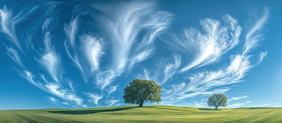 Fototapeta premium Serene field, two trees, swirling cloudscape, nature scene