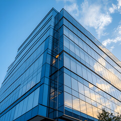Obraz premium Modern Glass Building: A striking low-angle view of a contemporary glass skyscraper reflecting the vibrant blue sky and clouds.