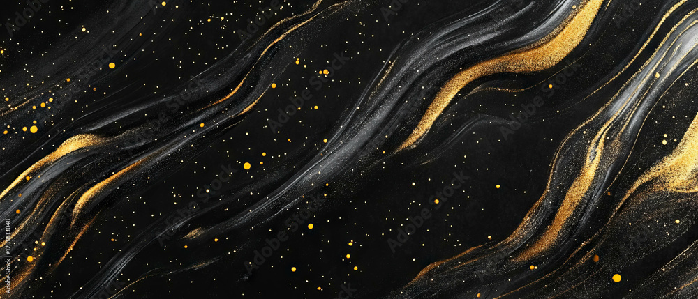Poster confetti overlay texture with abstract golden patterns and artistic design on black background