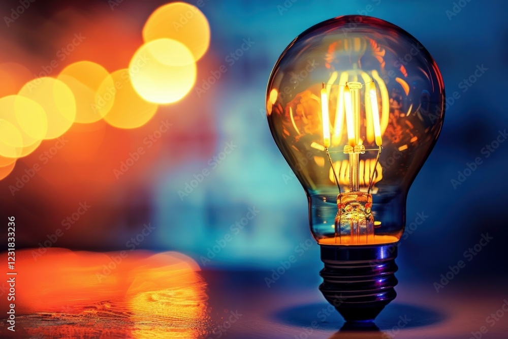 Aufkleber lit light bulb stands on reflective surface, creating warm glow against colorful bokeh background