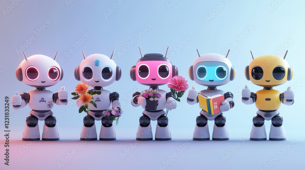 Poster set of cute robot characters isolated on background. vector cartoon illustration of funny smart bot 