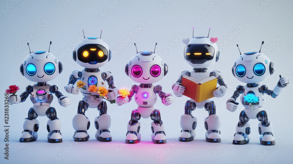 Poster set of cute robot characters isolated on background. vector cartoon illustration of funny smart bot 