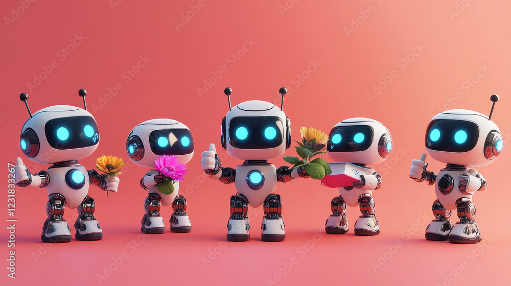 Poster set of cute robot characters isolated on background. vector cartoon illustration of funny smart bot 