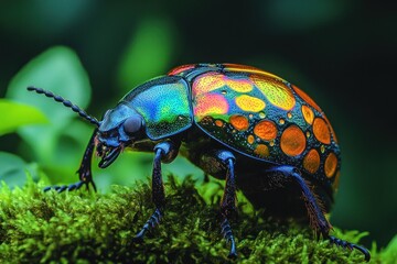 Fototapeta premium Colorful beetle crawling on lush green moss in nature