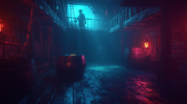 Pirate ghost in cabine on ship at night. Abandoned room with spooky captain corsair holding coin. Scary dark interior halloween vector background cartoon illustration with female character.