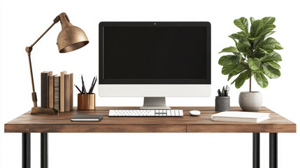 Fototapeta premium Home office window computer workspace set design isolated on white background. Modern cabinet environment for business workstation with lamp, plant, pc, coffee and notebook clipart illustration