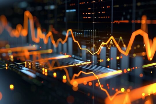 Glowing lines representing financial data flow across a futuristic interface, visualizing market trends and fluctuations