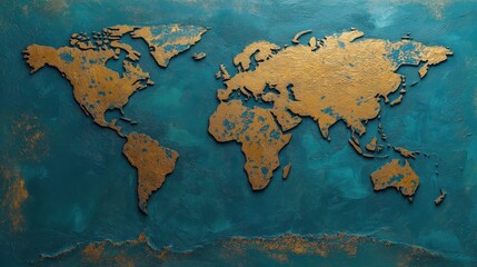Luxurious textured world map with gold continents on teal background