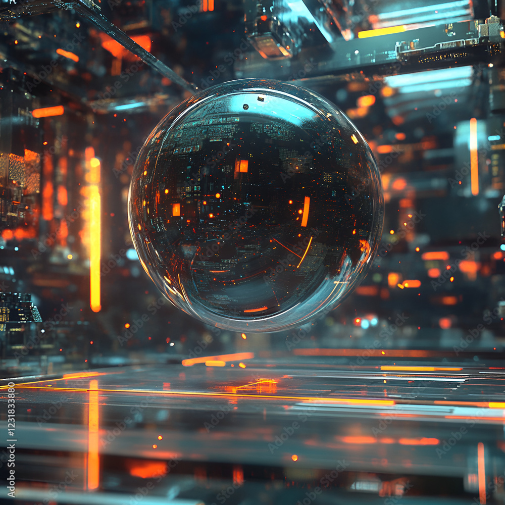 Poster cyber sphere's core: a mesmerizing spherical core, pulsing with vibrant light, hovers within a futur