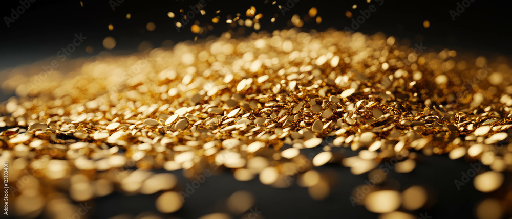 Poster confetti overlay texture featuring three-dimensional gold on a black backdrop with depth of field