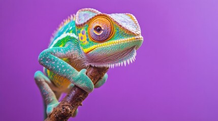 Fototapeta premium Vibrant chameleon on purple background.