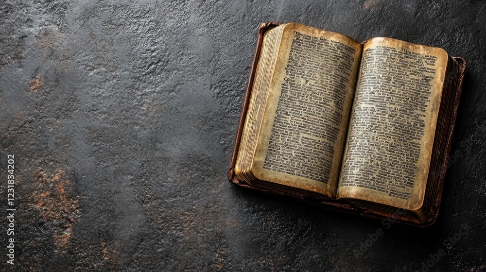 Poster ancient book open on dark rustic surface, background space