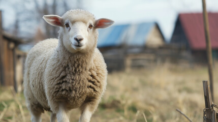 Obraz premium Young sheep in rural farm setting. Ideal for agricultural and livestock photography.